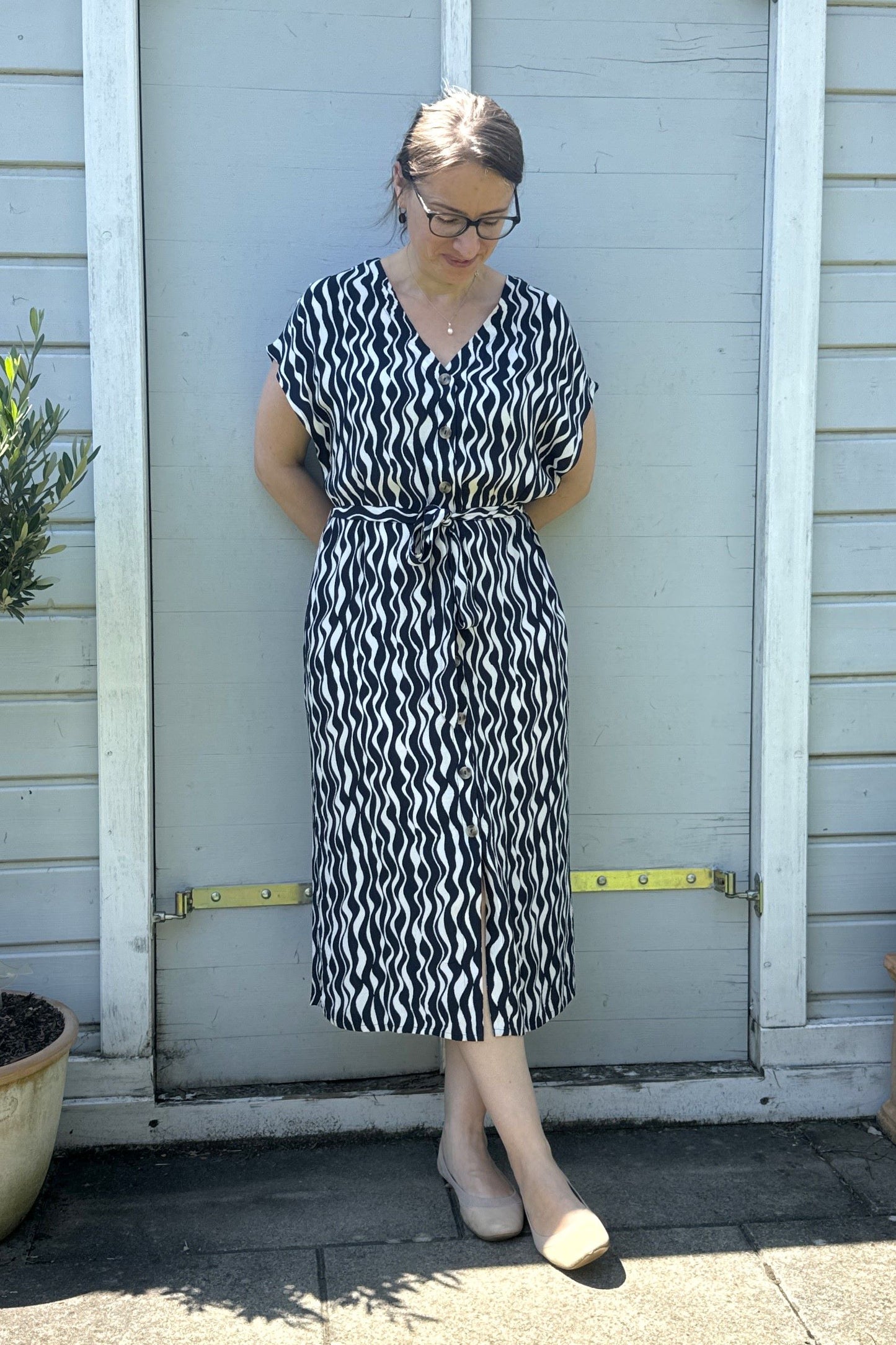 Midikleid Viskose V-Neck Shirt Dress, Navy/weiß