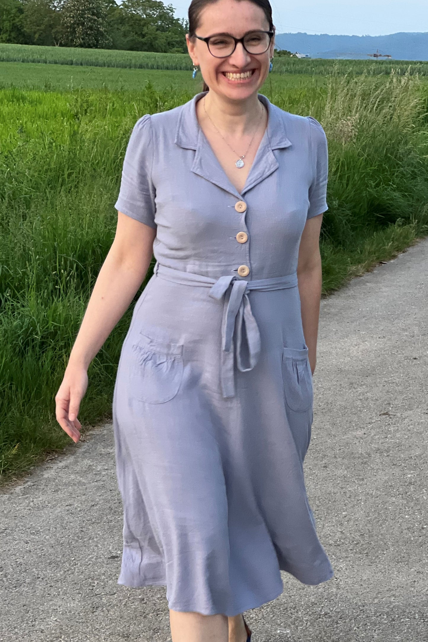 Revers Dress Midi Linnen, Lavender