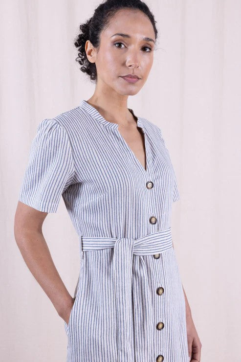 Kleid Linen Blend Button Through Dress, Cornflower
