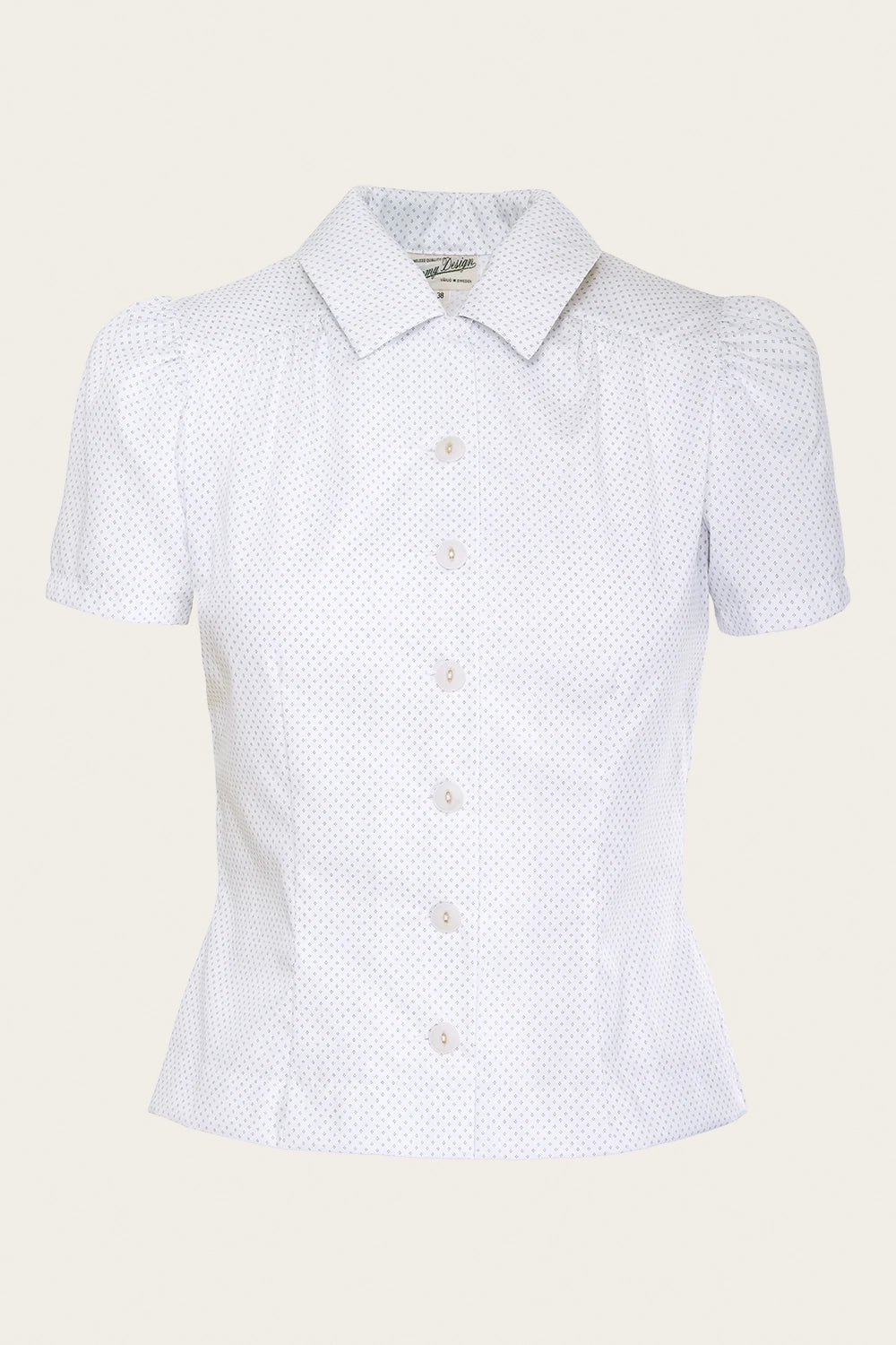 That Same Old Favorite Blouse, White & Navy Soft Cotton - taillierte Bluse kurzarm Raute