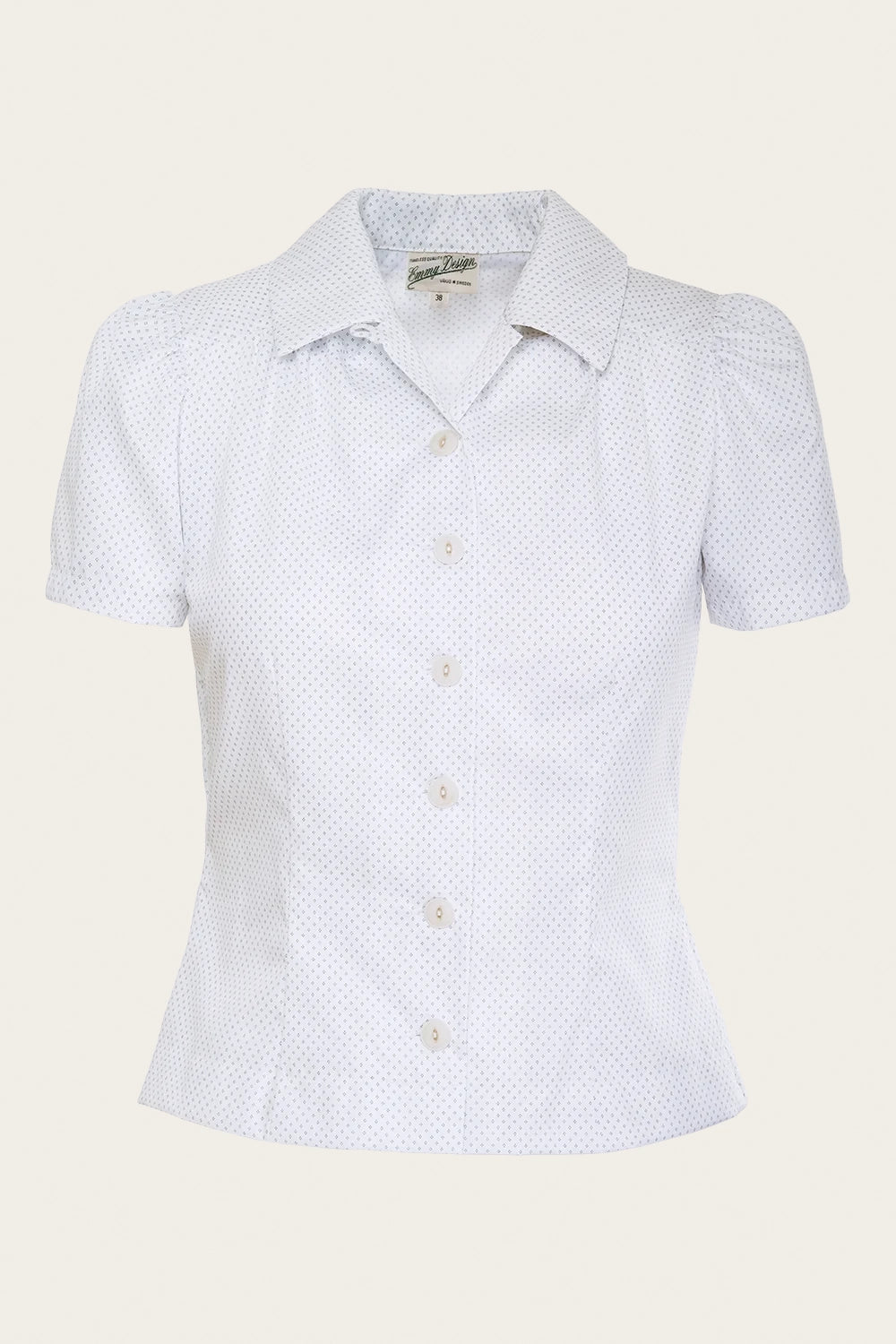 That Same Old Favorite Blouse, White & Navy Soft Cotton - taillierte Bluse kurzarm Raute