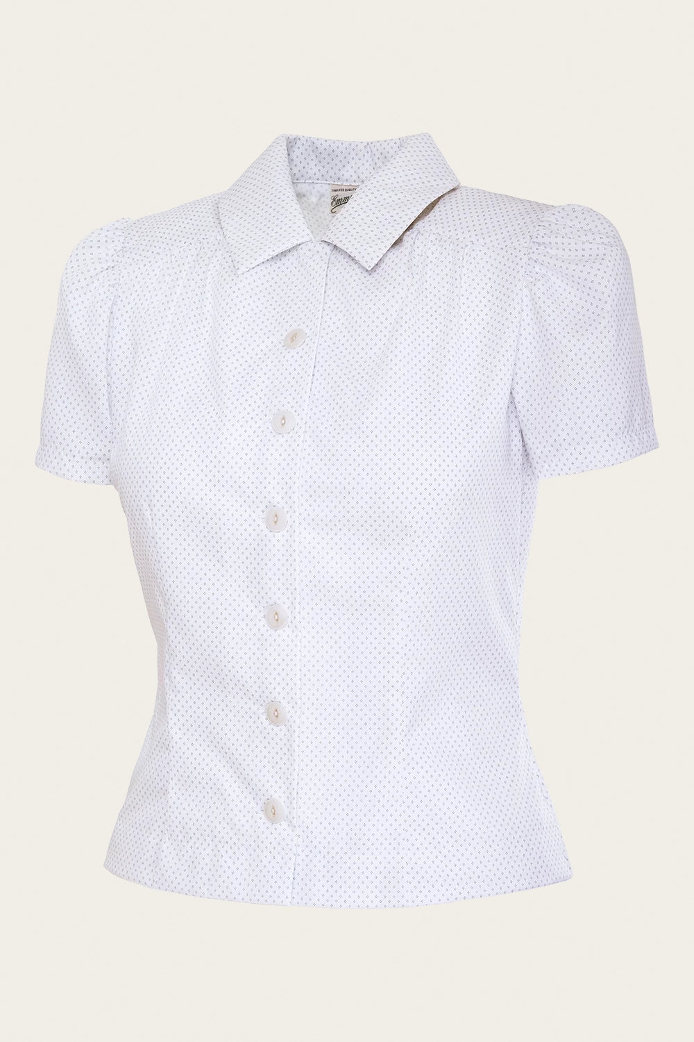 That Same Old Favorite Blouse, White & Navy Soft Cotton - taillierte Bluse kurzarm Raute