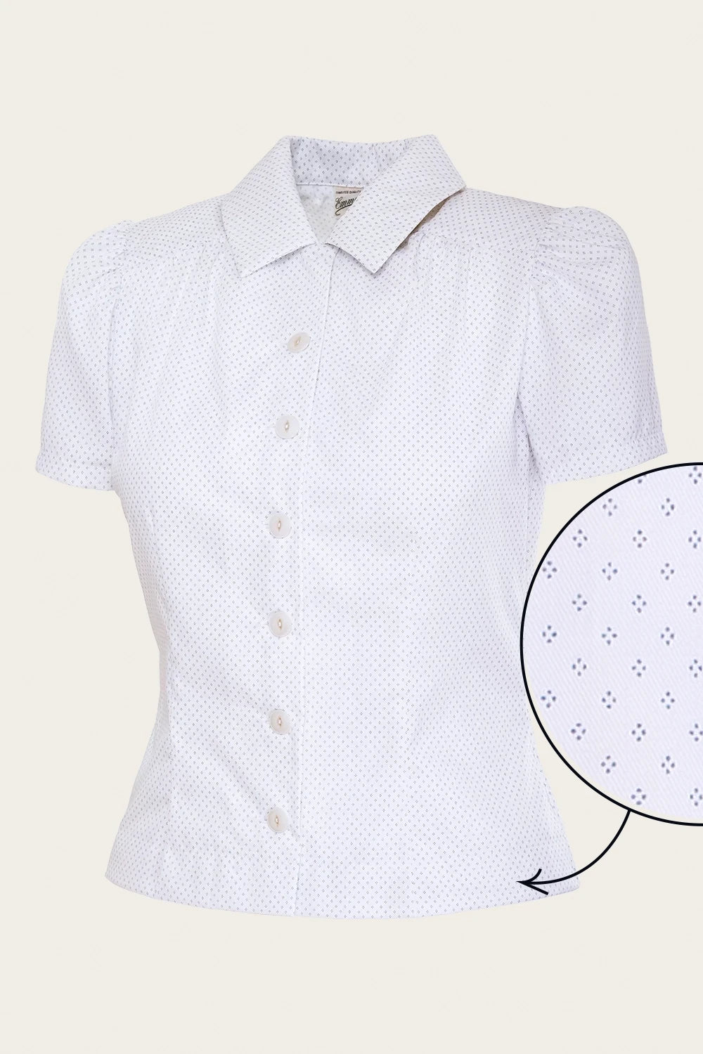 That Same Old Favorite Blouse, White & Navy Soft Cotton - taillierte Bluse kurzarm Raute