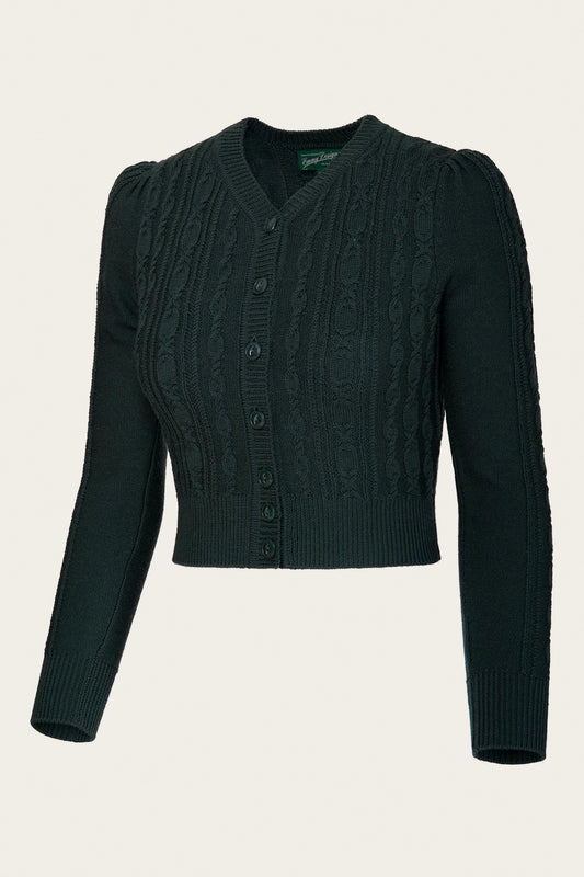 The Ice Skater Cardigan, Dark Bottle Green Wool - taillierte Strickjacke grün