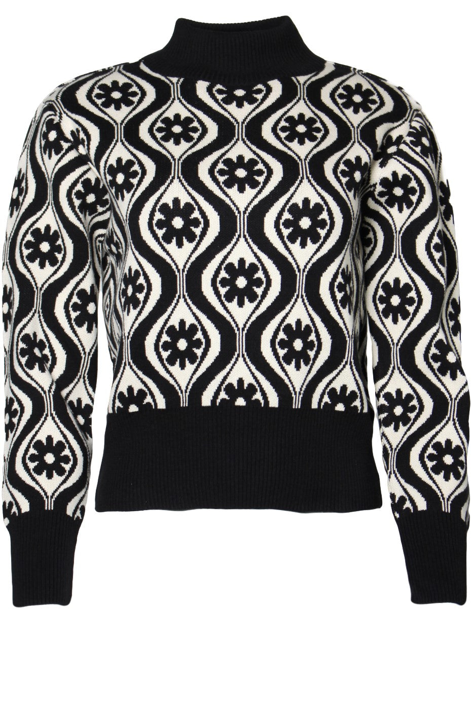 Strickpulli mit Stehkragen, Flower Black