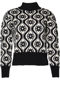 Strickpulli mit Stehkragen, Flower Black