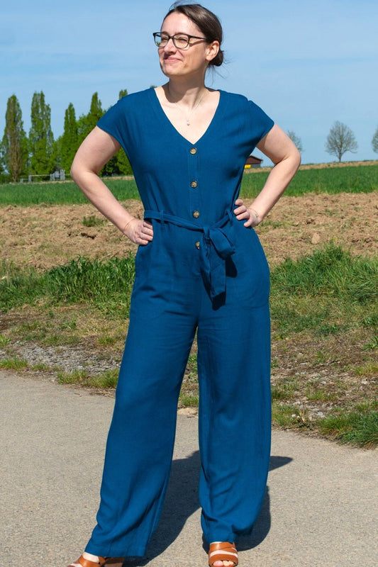Linen Blend Button Through Jumpsuit, Neptune