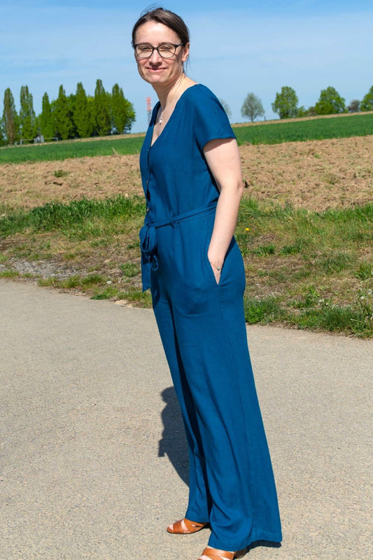 Linen Blend Button Through Jumpsuit, Neptune