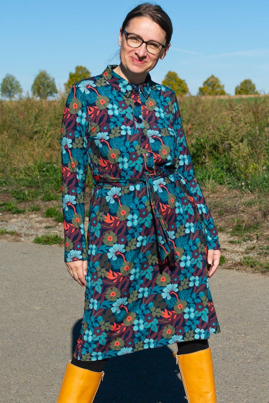 Pearl Dress Slow Bloomer, Navy Peony - lockeres Kleid Blumen langarm