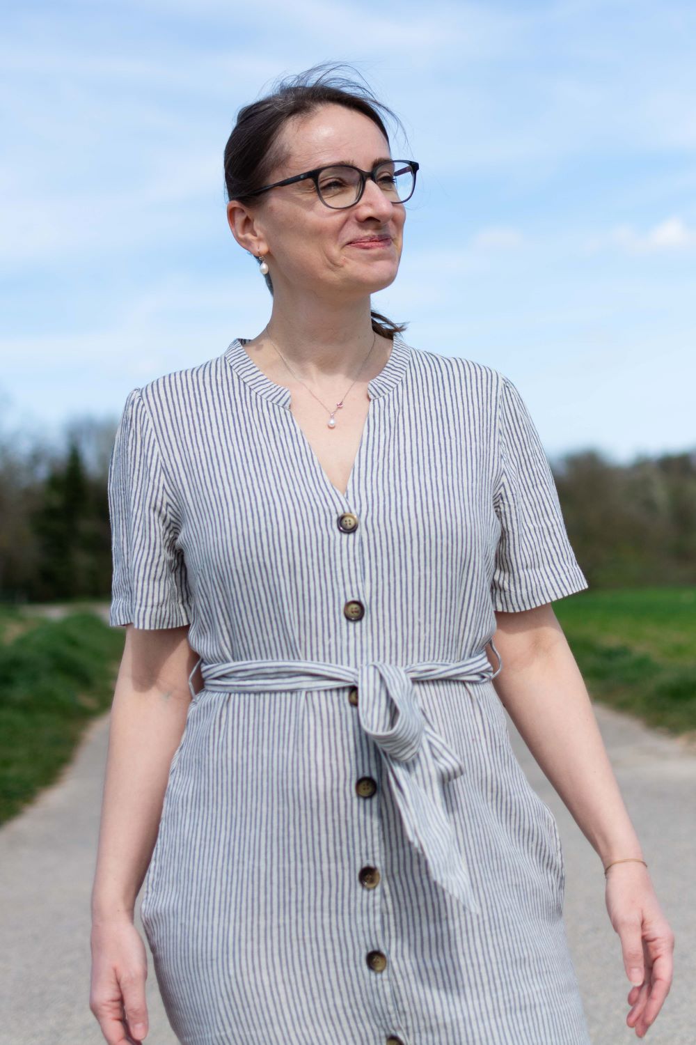 Kleid Linen Blend Button Through Dress, Cornflower