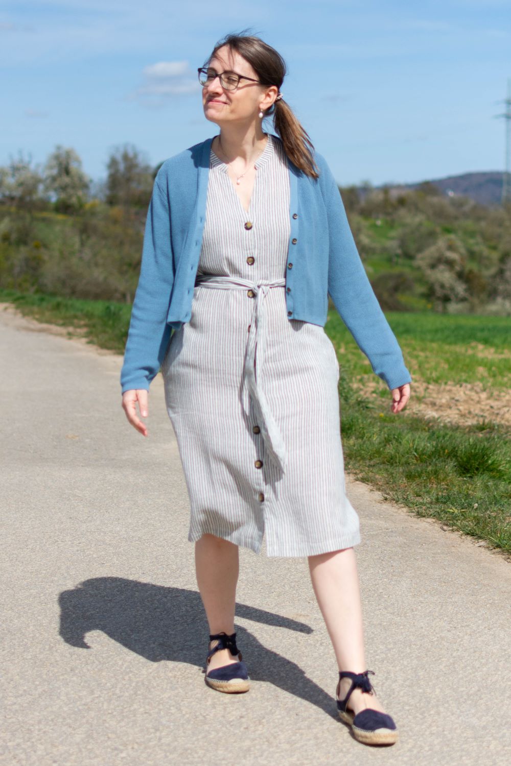 Kleid Linen Blend Button Through Dress, Cornflower