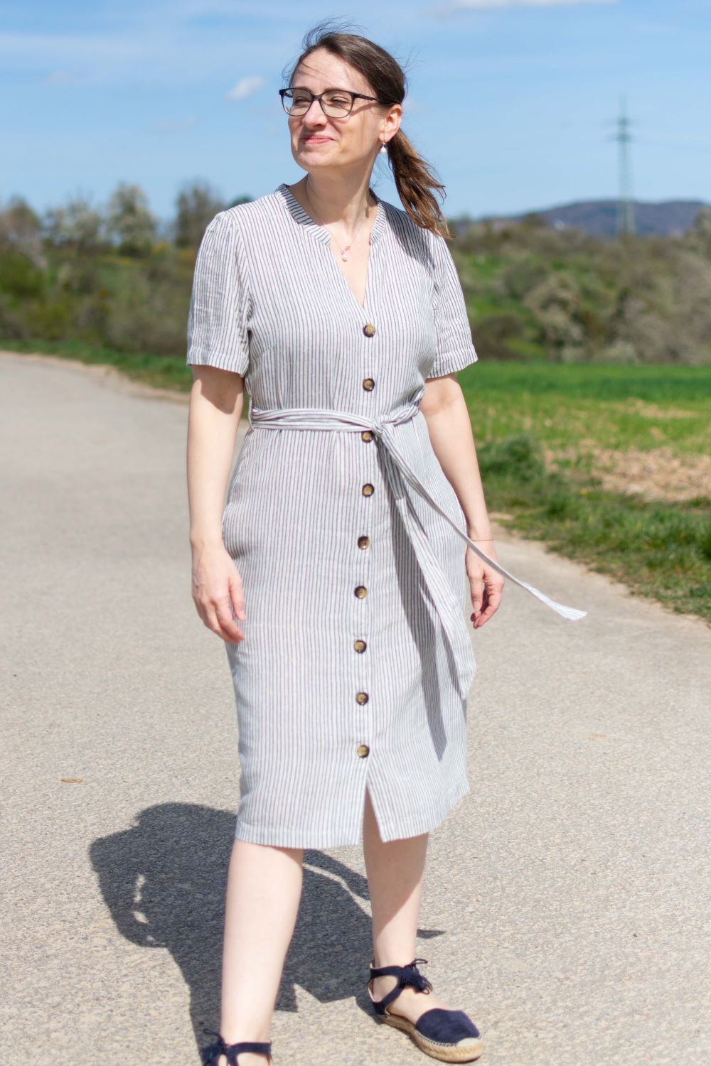 Kleid Linen Blend Button Through Dress, Cornflower