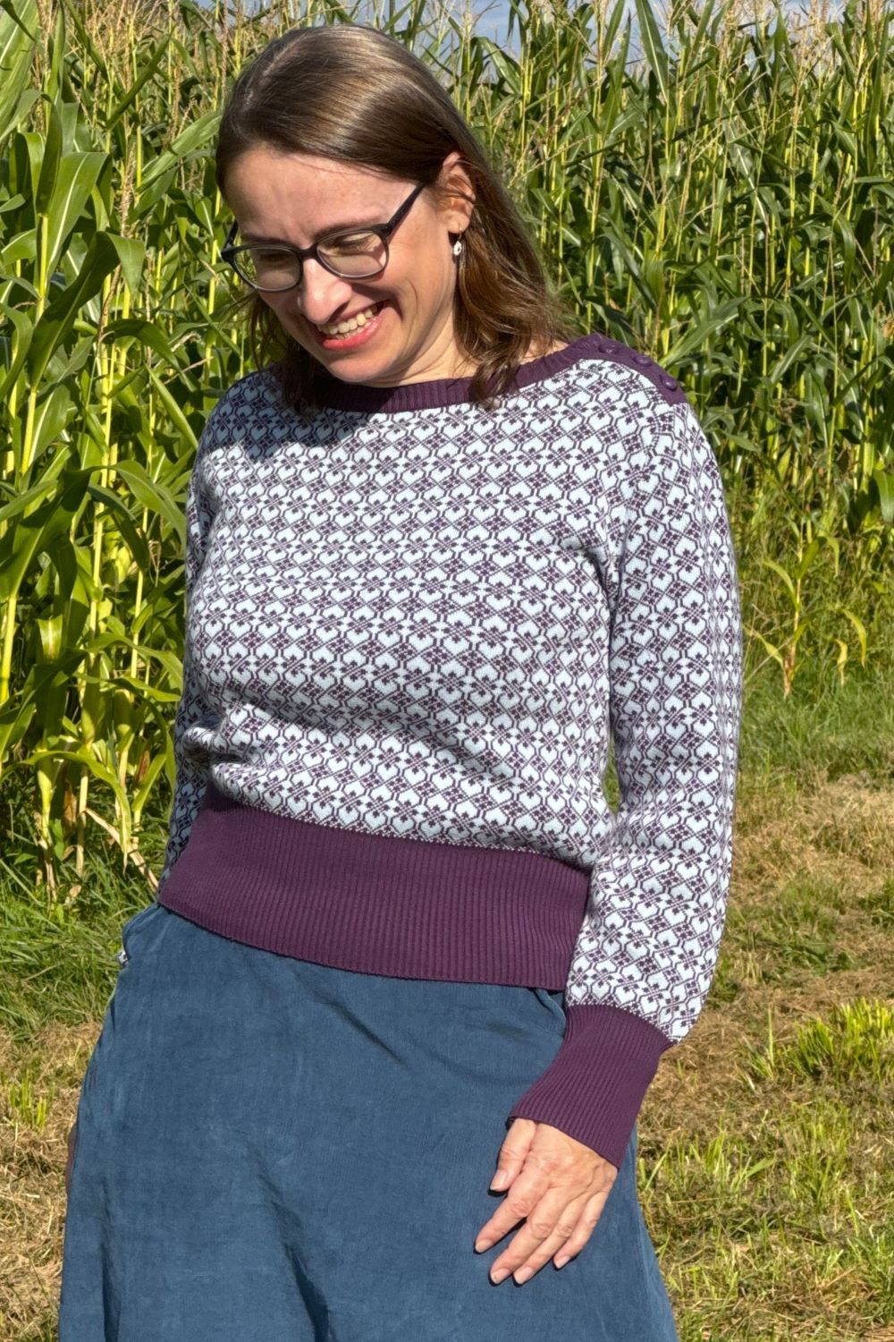 Strickpulli mit Muster, Purple with Light Blue