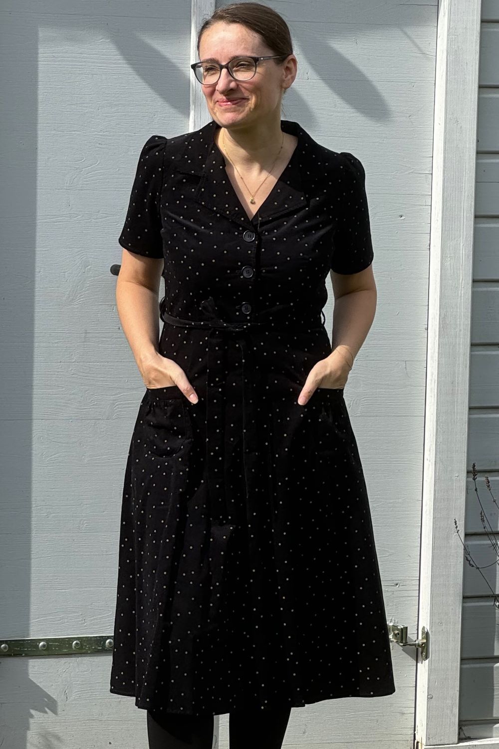 Revers Kordkleid Midi, Dots Black Ecru