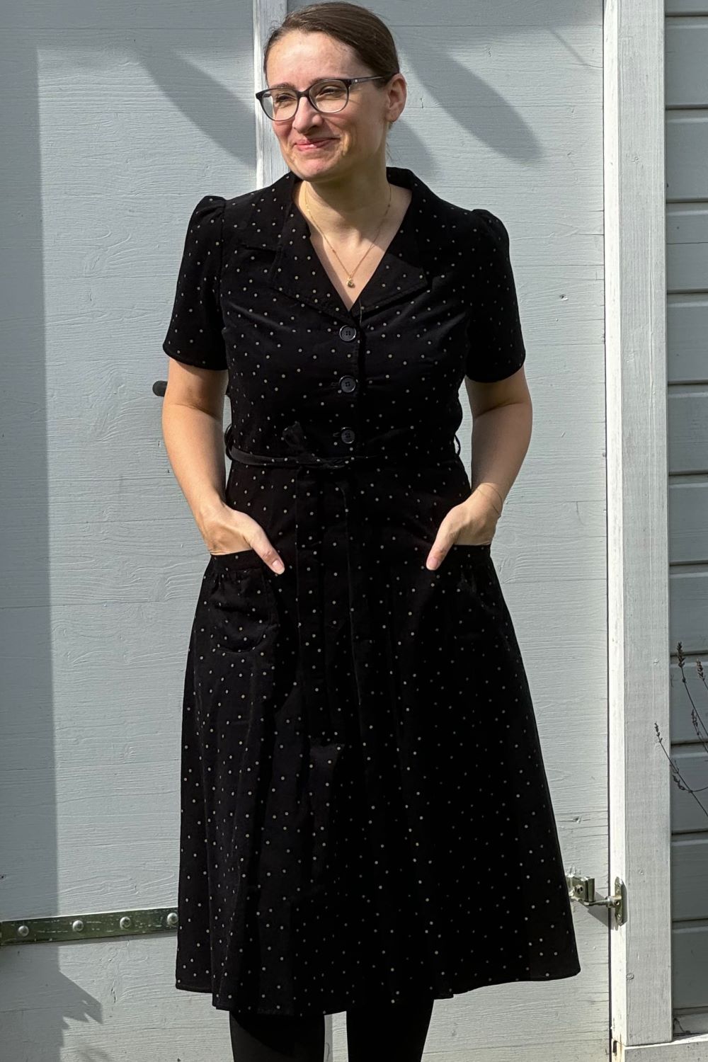 Revers Kordkleid Midi, Dots Black Ecru