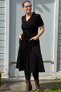 Revers Kordkleid Midi, Dots Black Ecru