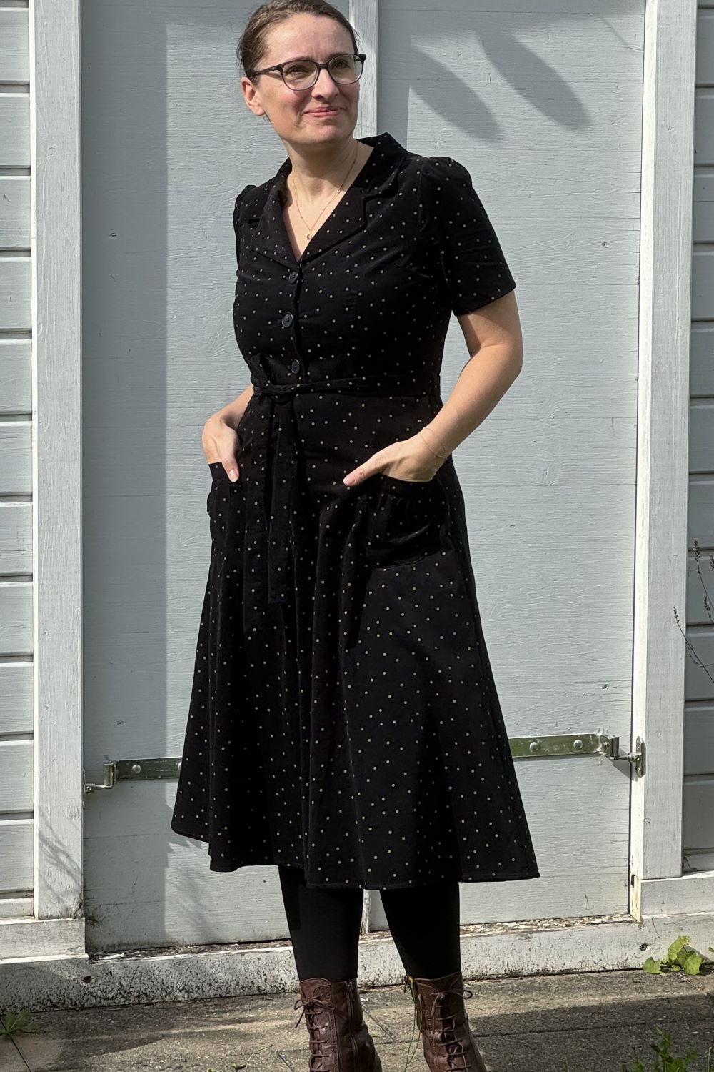 Revers Kordkleid Midi, Dots Black Ecru