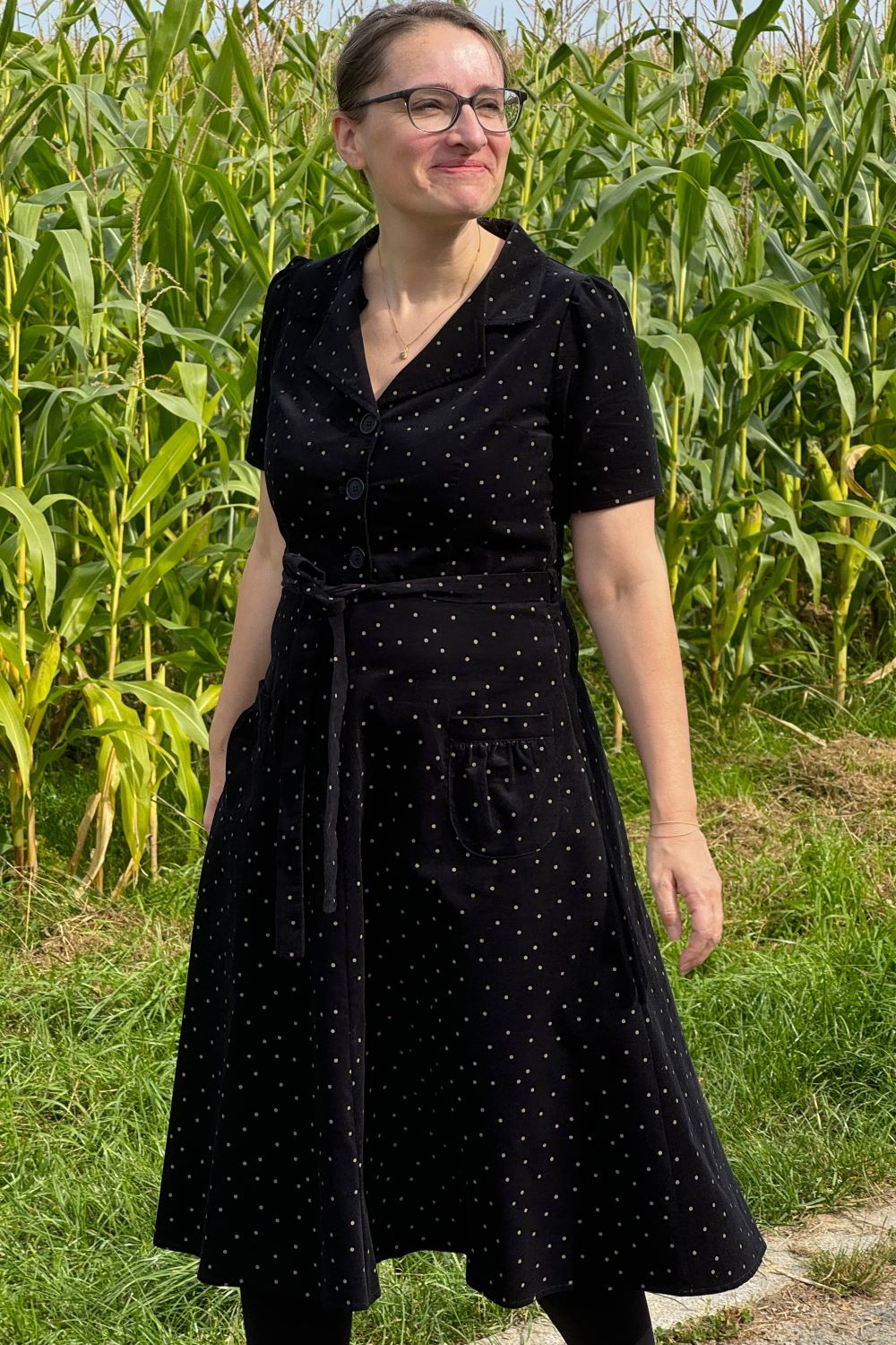Revers Kordkleid Midi, Dots Black Ecru