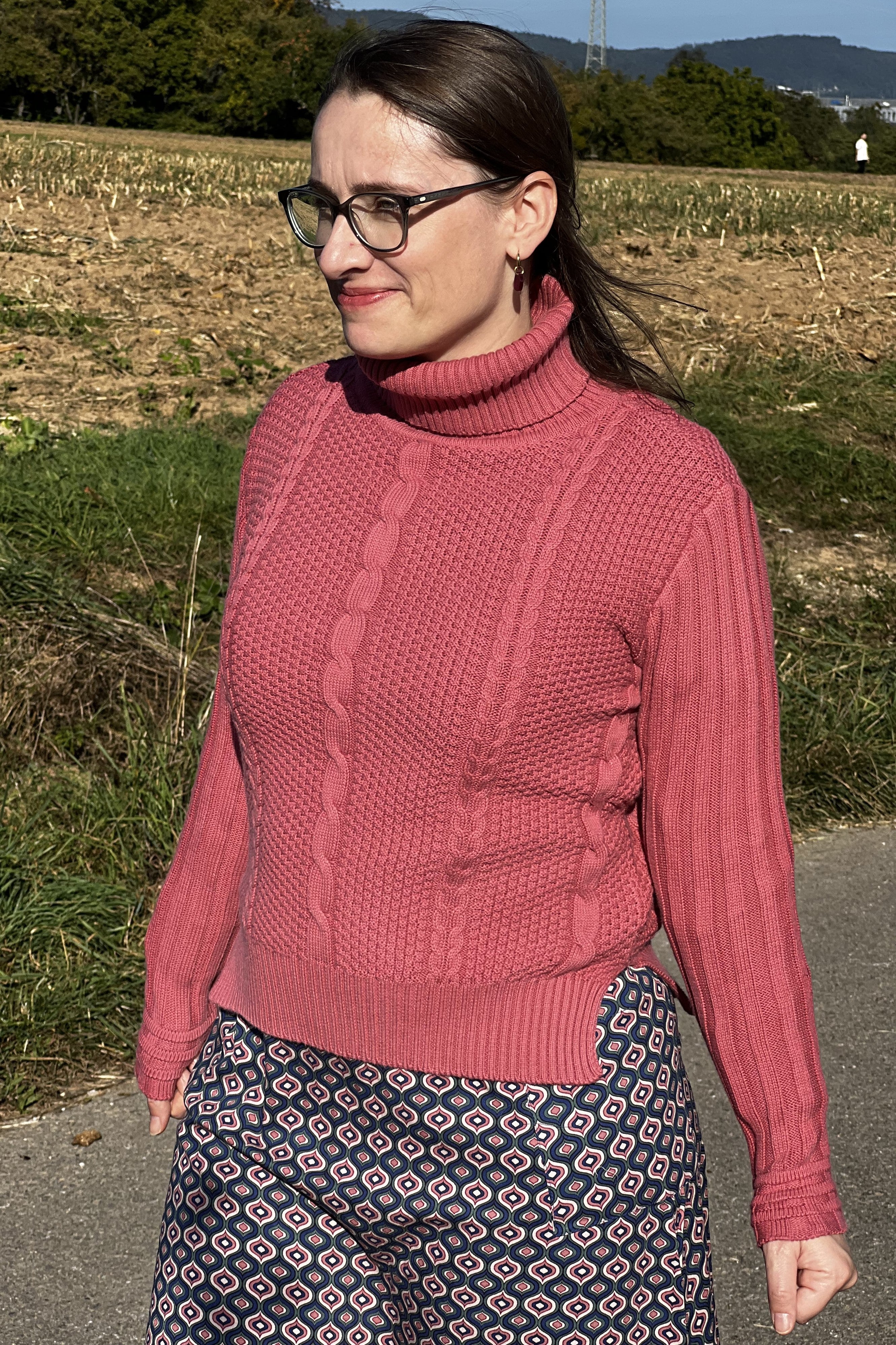 Rollkragen Pulli mit Zopfstrick, Dusty Cedar