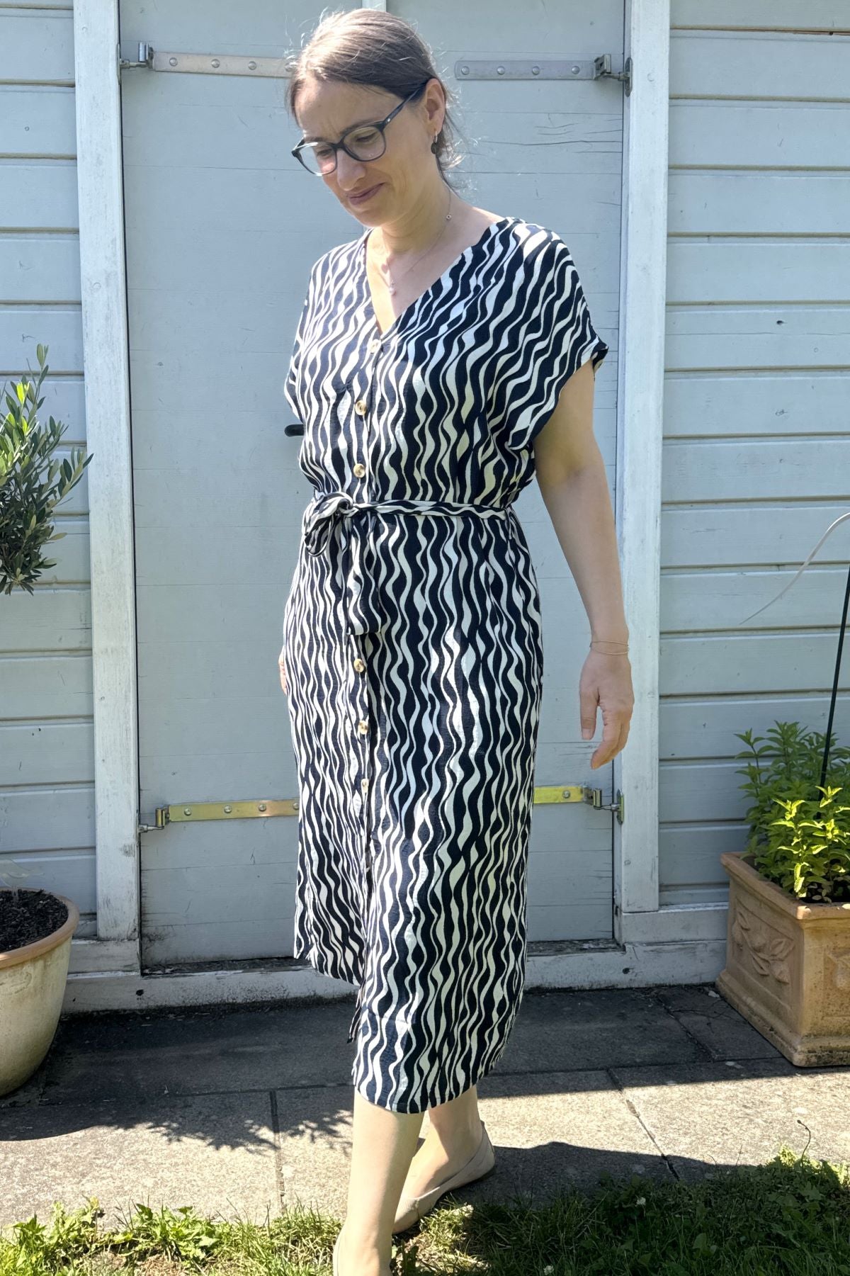 Midikleid Viskose V-Neck Shirt Dress, Navy/weiß