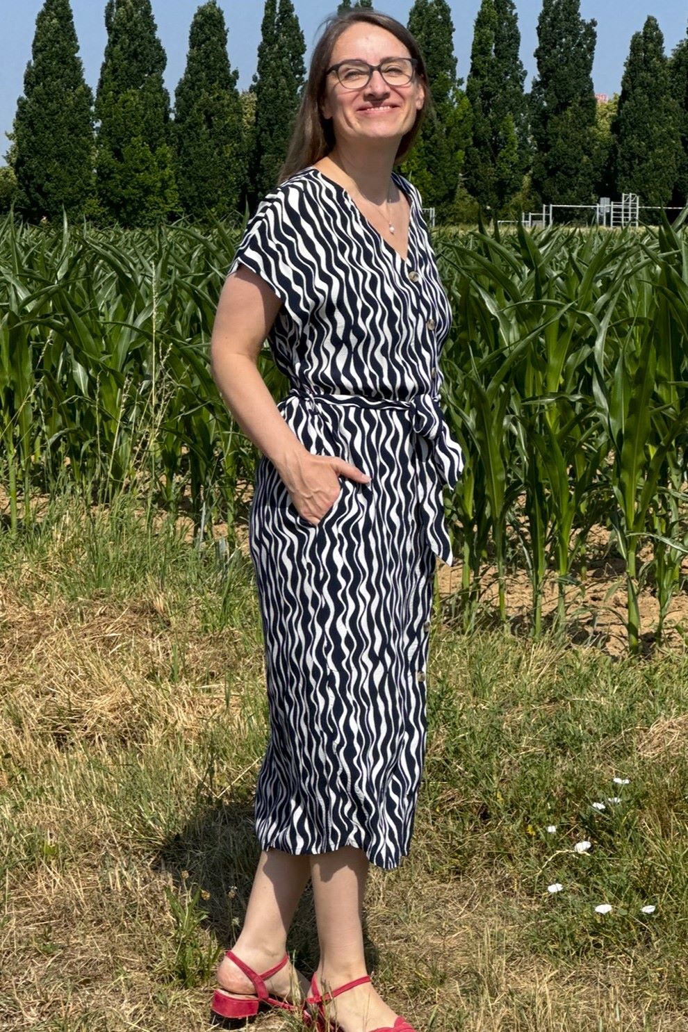 Midikleid Viskose V-Neck Shirt Dress, Navy/weiß