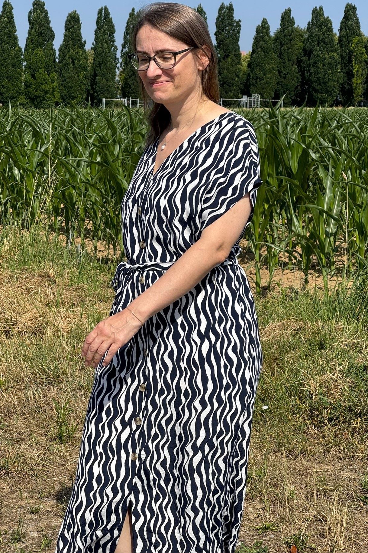 Midikleid Viskose V-Neck Shirt Dress, Navy/weiß
