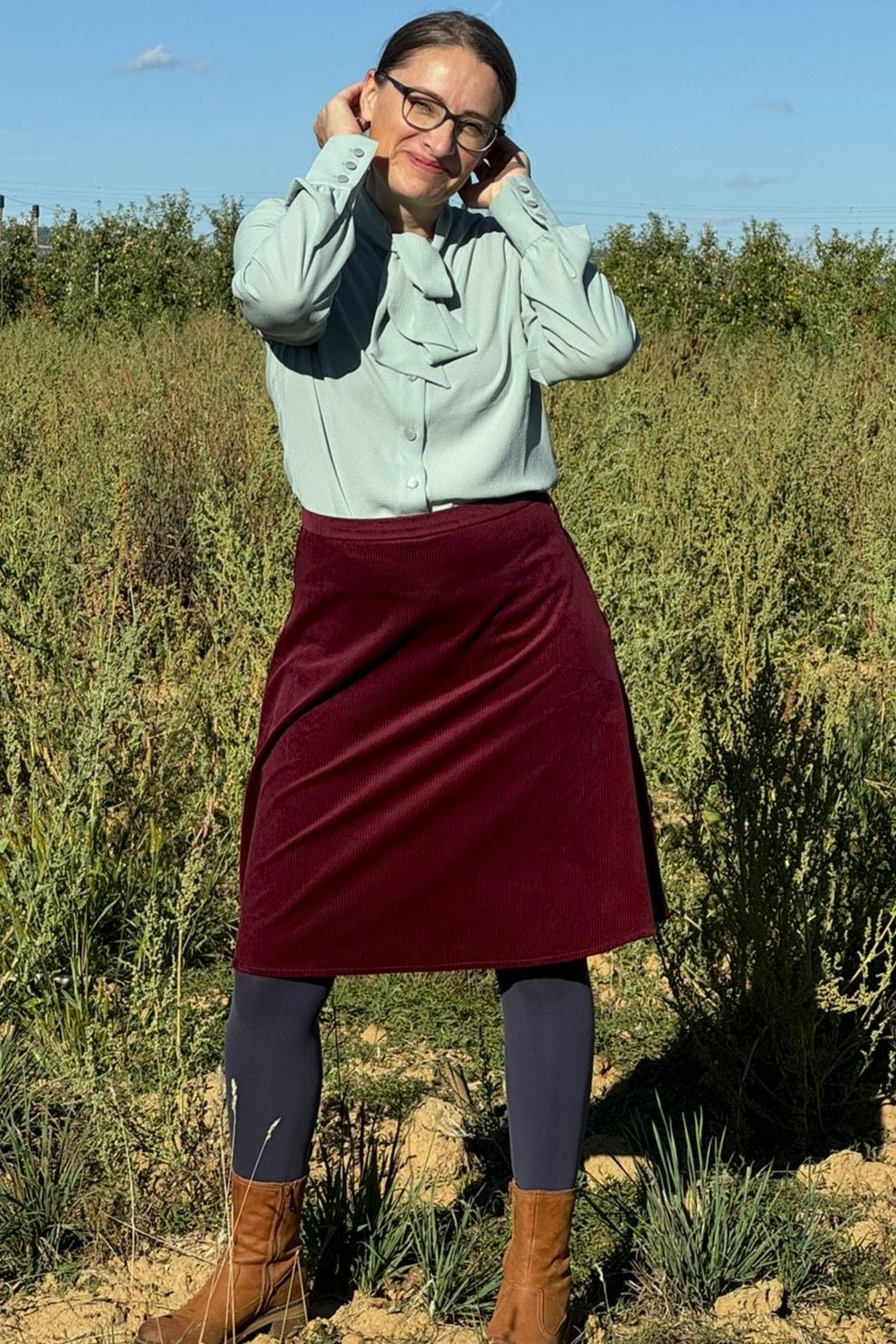 Cordrock A-Line Skirt, Granatrot - ausgestellter Rock knielang