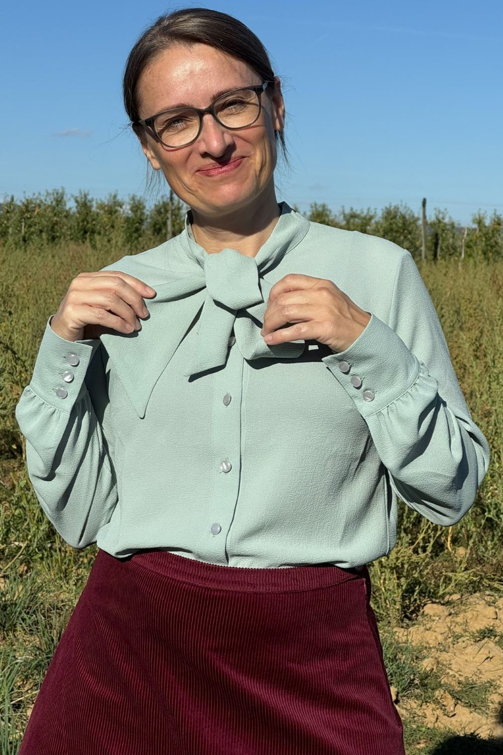 Ruffle Blouse, Mint Bubble Chiffon - Schluppenbluse langarm in Mint