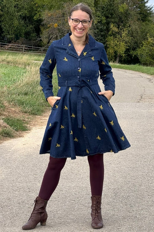Jeanskleid, Duck Embroidery - besticktes Denim-Kleid langarm mit Vogel-Motiv