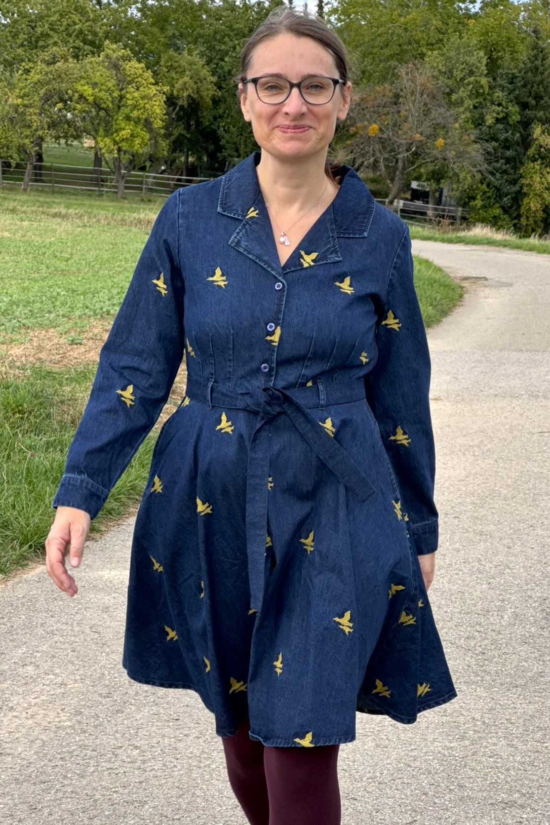 Jeanskleid, Duck Embroidery - besticktes Denim-Kleid langarm mit Vogel-Motiv