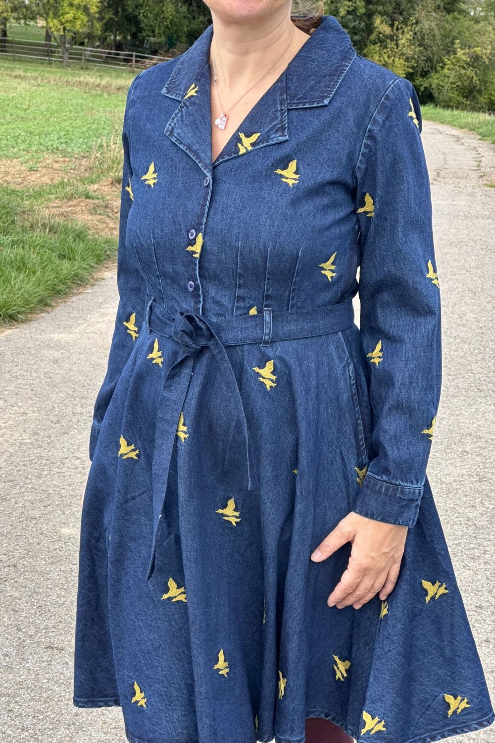Jeanskleid, Duck Embroidery - besticktes Denim-Kleid langarm mit Vogel-Motiv