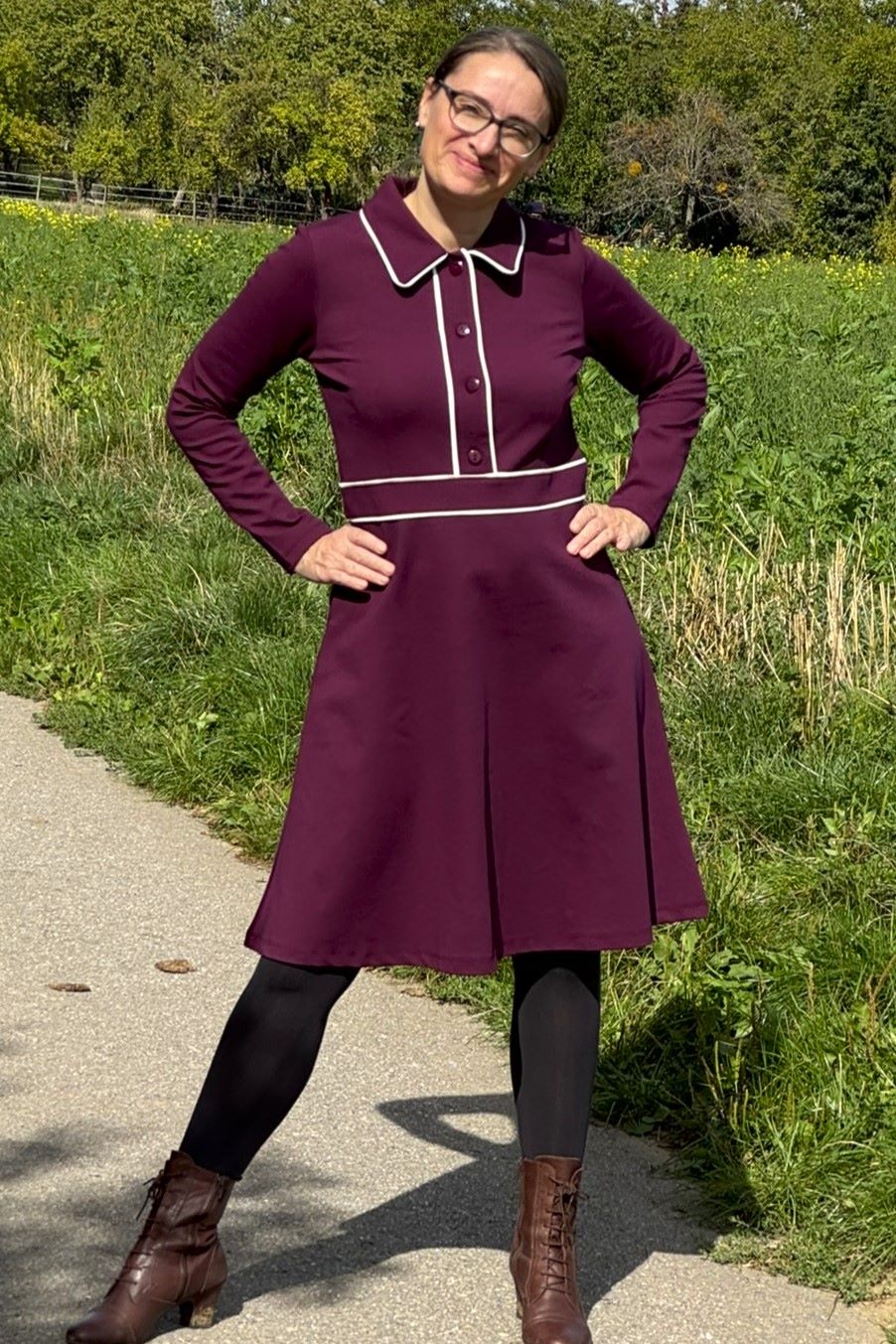 Flow Dress Punta Di Roma, Fig - Kleid Punty-Stoff in weinrot langarm