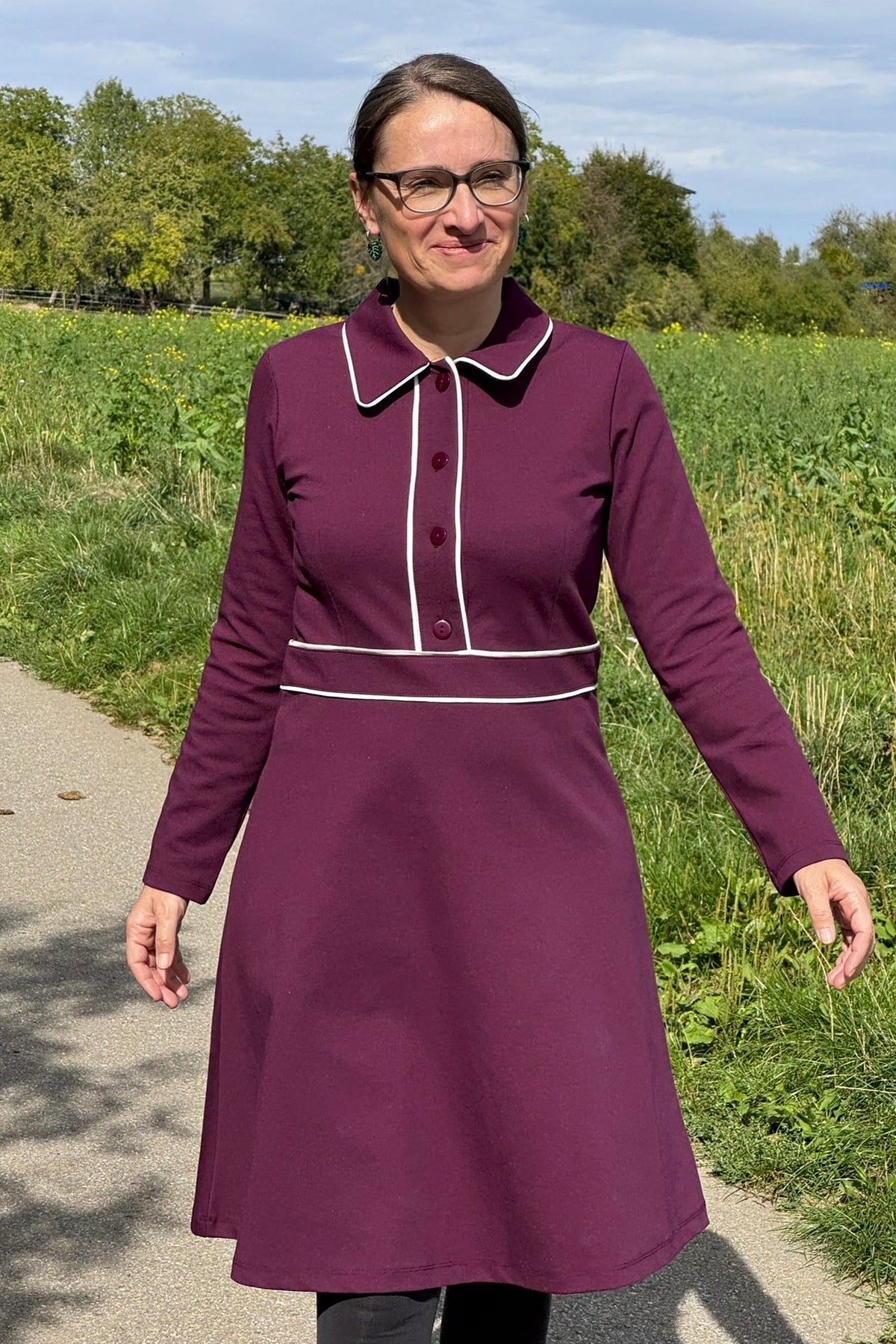 Flow Dress Punta Di Roma, Fig - Kleid Punty-Stoff in weinrot langarm