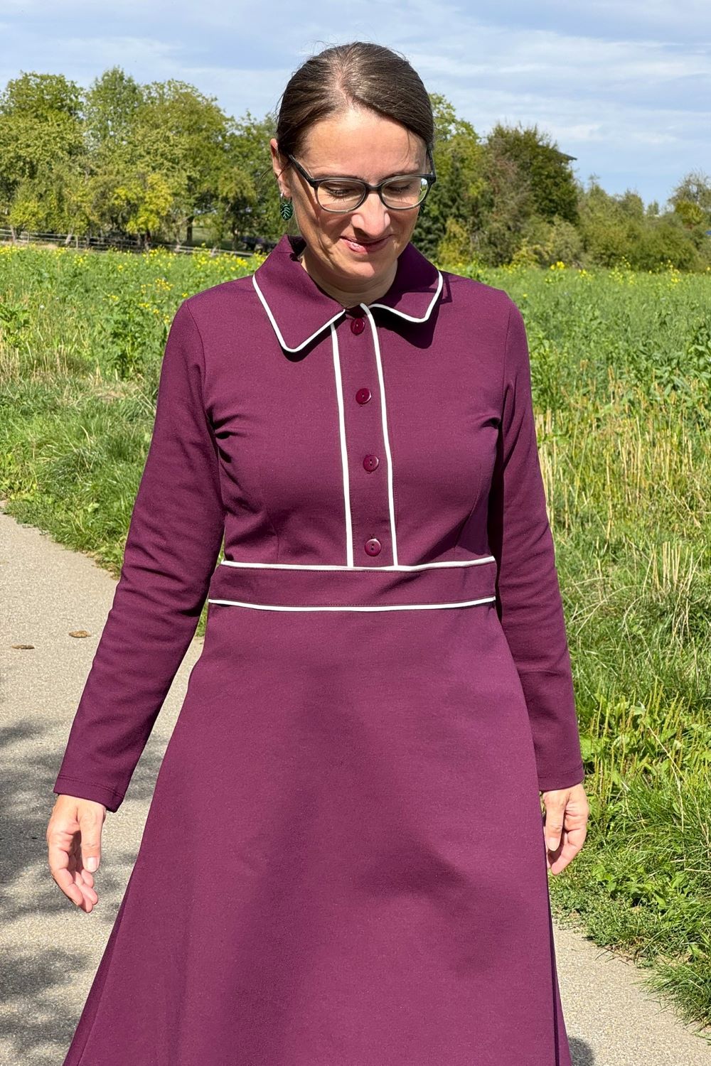 Flow Dress Punta Di Roma, Fig - Kleid Punty-Stoff in weinrot langarm
