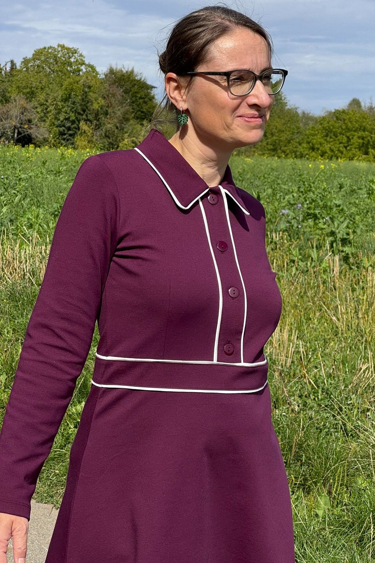 Flow Dress Punta Di Roma, Fig - Kleid Punty-Stoff in weinrot langarm