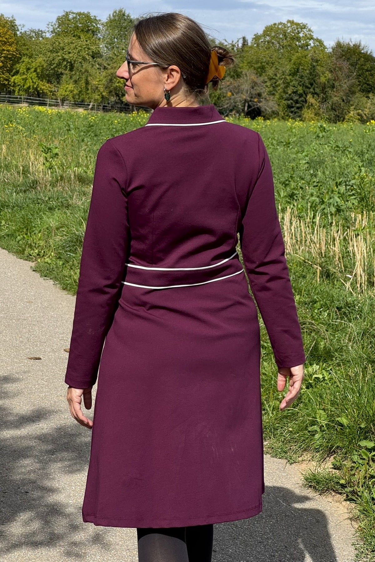Flow Dress Punta Di Roma, Fig - Kleid Punty-Stoff in weinrot langarm