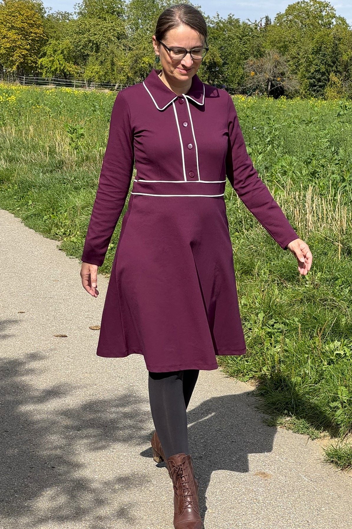 Flow Dress Punta Di Roma, Fig - Kleid Punty-Stoff in weinrot langarm