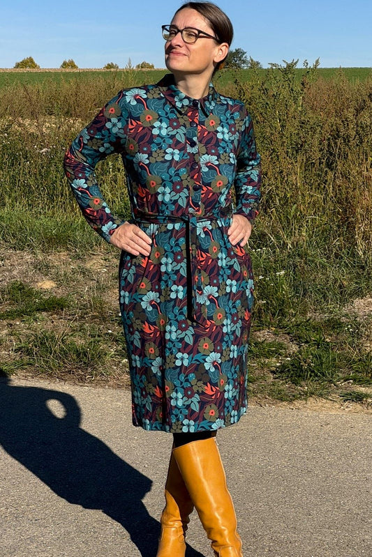 Pearl Dress Slow Bloomer, Navy Peony - lockeres Kleid Blumen langarm