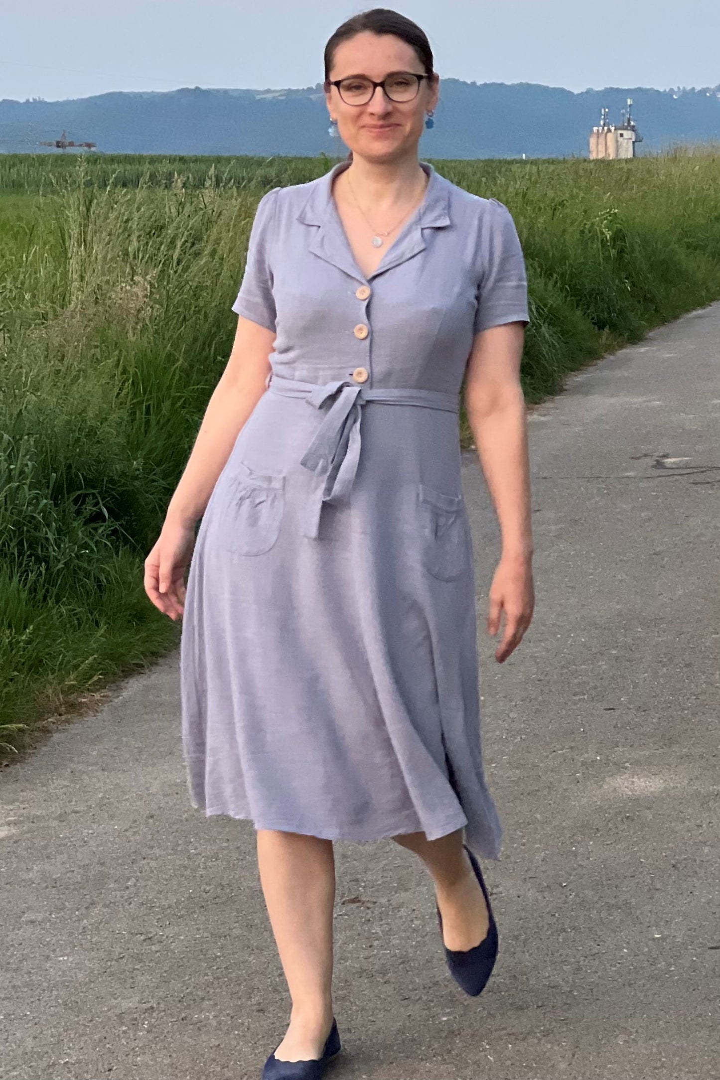 Revers Dress Midi Linnen, Lavender