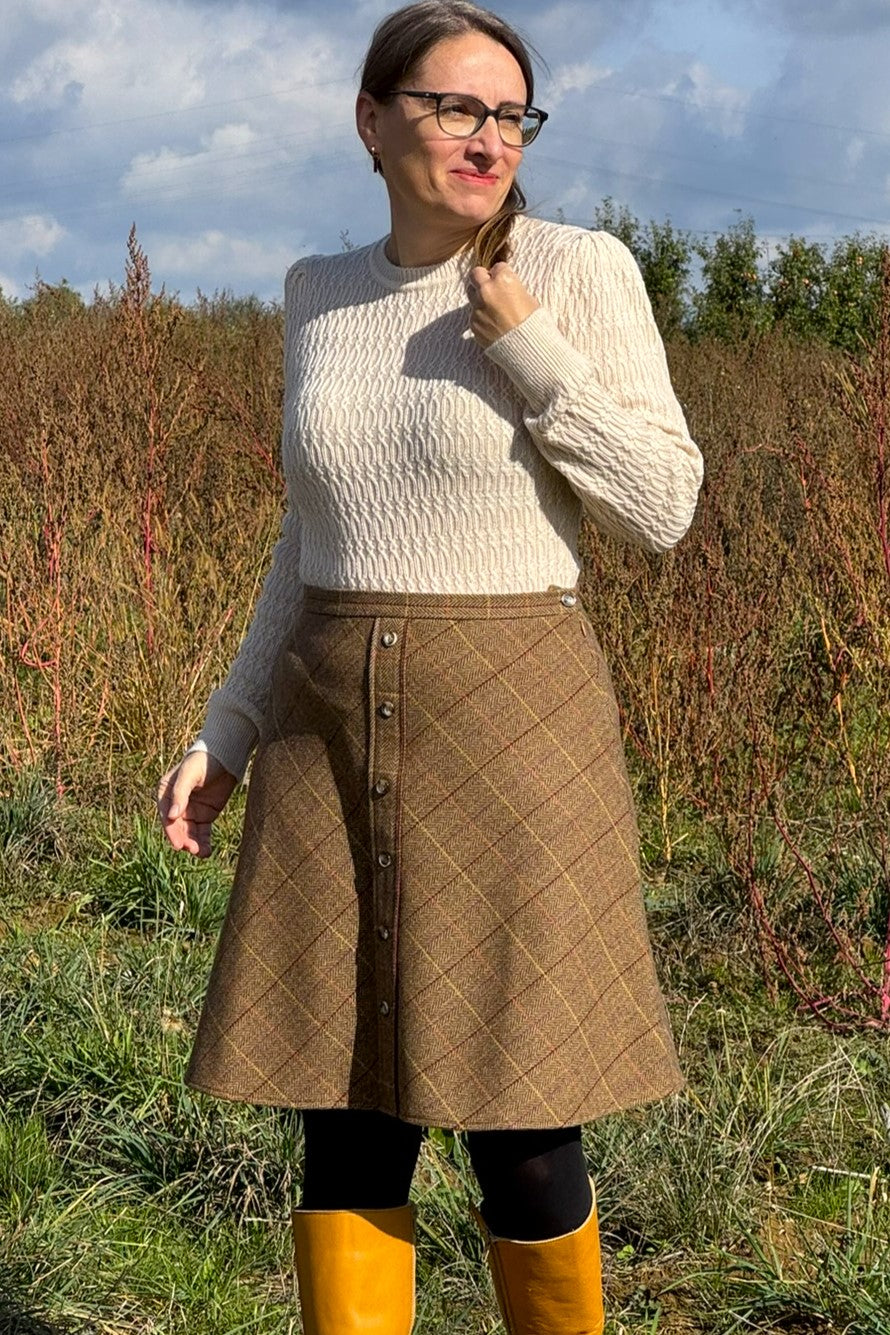 A-Line Button Skirt, Tartan Caramel - Rock Tweed-Mischgewebe knielang