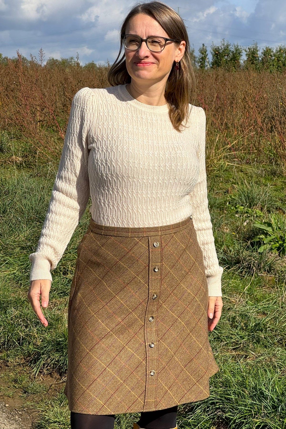 A-Line Button Skirt, Tartan Caramel - Rock Tweed-Mischgewebe knielang