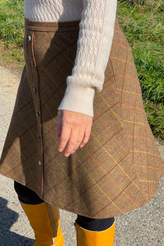 A-Line Button Skirt, Tartan Caramel - Rock Tweed-Mischgewebe knielang