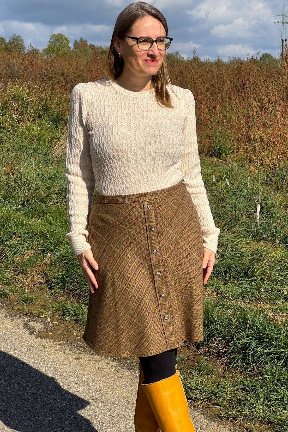 A-Line Button Skirt, Tartan Caramel - Rock Tweed-Mischgewebe knielang