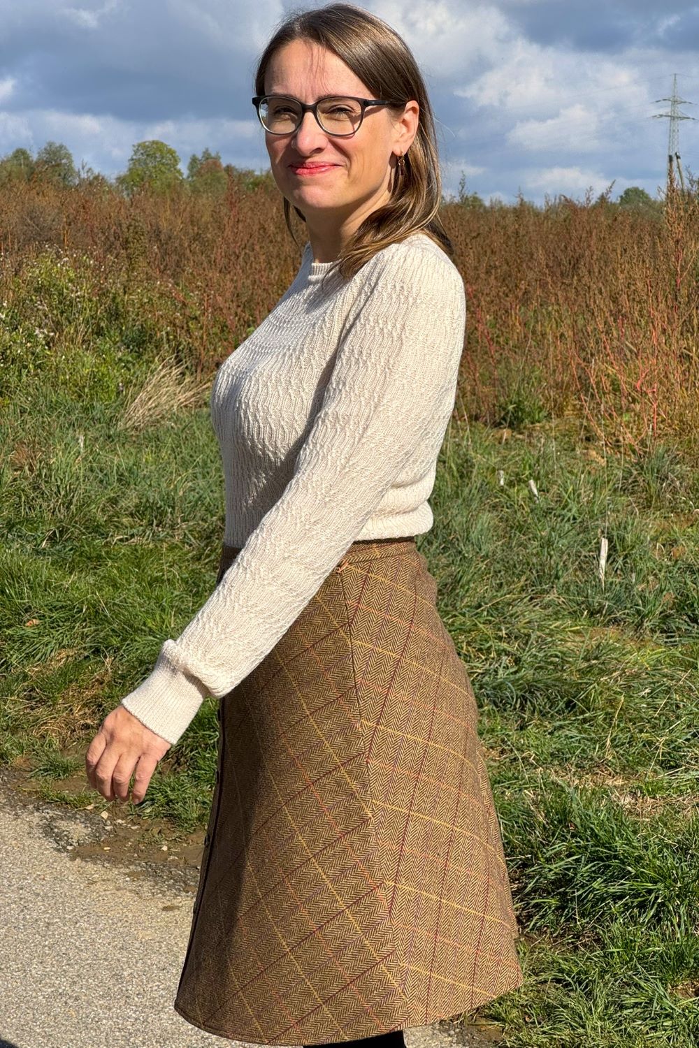A-Line Button Skirt, Tartan Caramel - Rock Tweed-Mischgewebe knielang