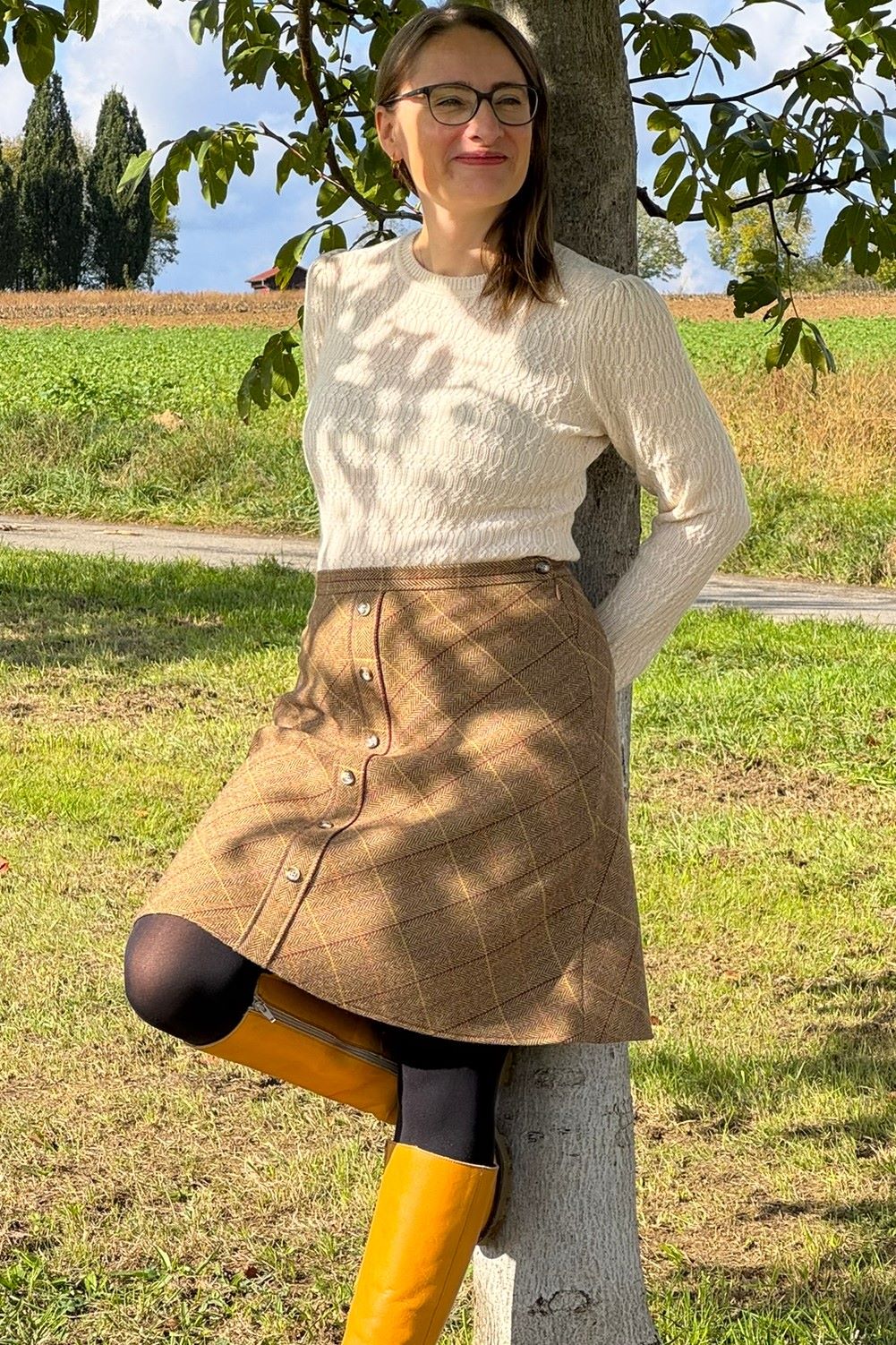A-Line Button Skirt, Tartan Caramel - Rock Tweed-Mischgewebe knielang