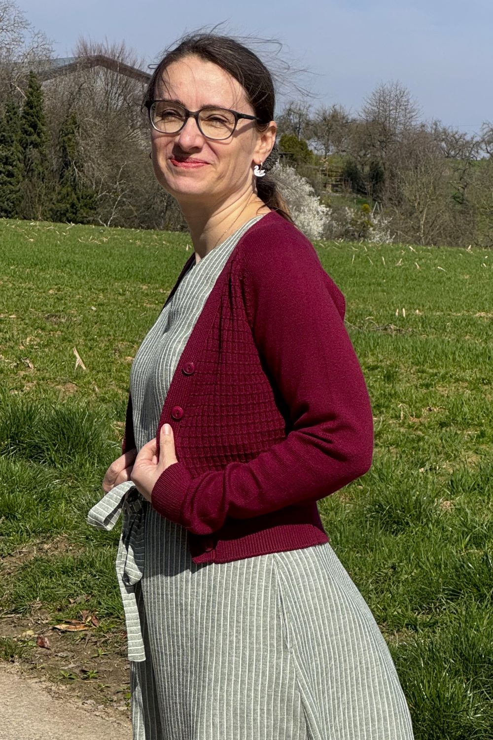 The Cable Knit College Cardi, Wine Cotton/Cashmere