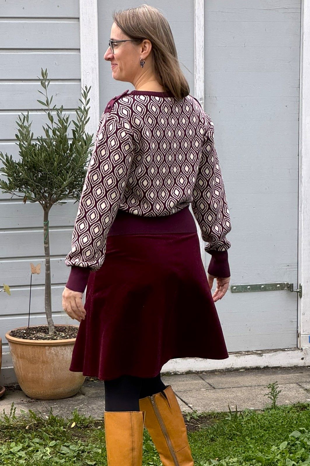 Strickpulli mit Muster, Fig - lockerer Retropulli in feige weiß