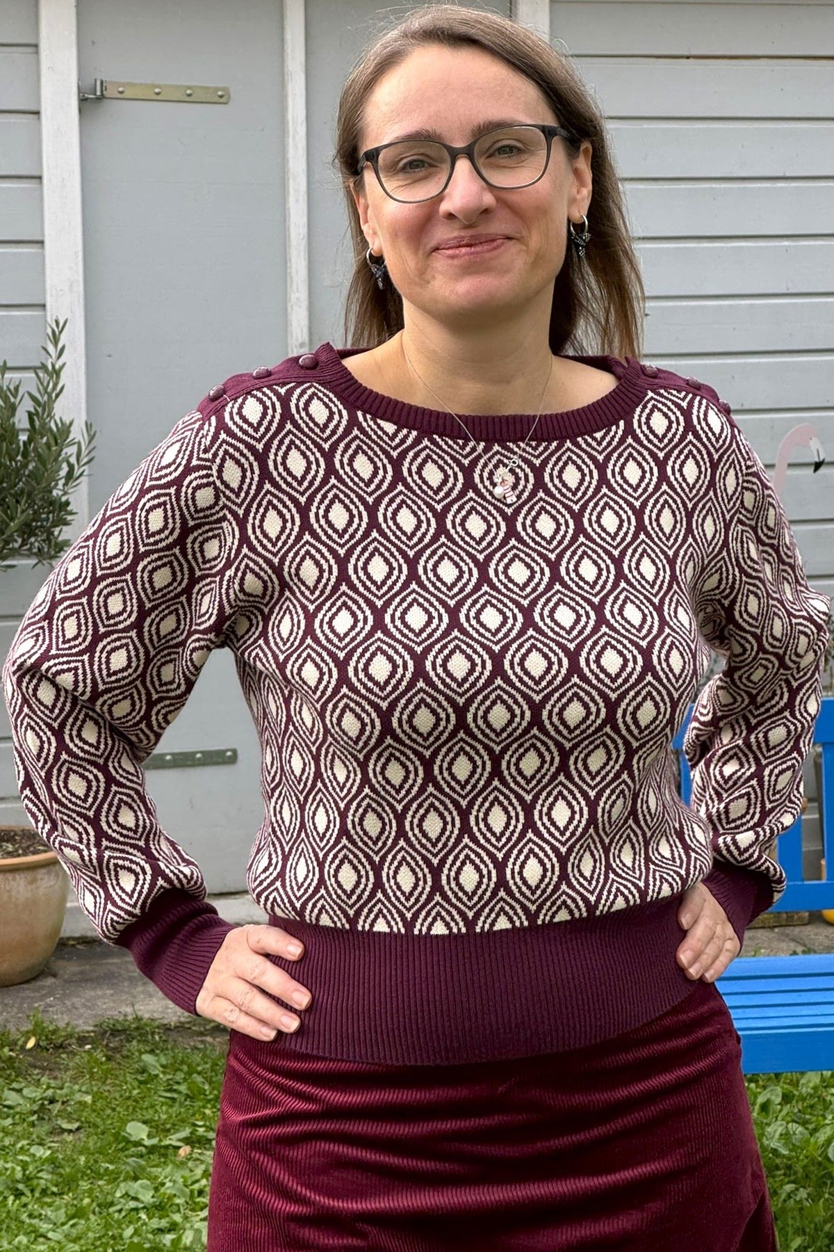 Strickpulli mit Muster, Fig - lockerer Retropulli in feige weiß