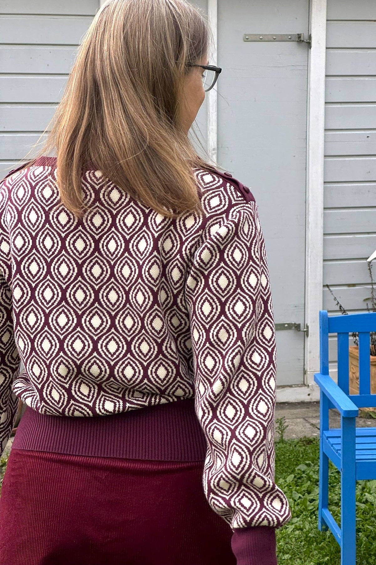 Strickpulli mit Muster, Fig - lockerer Retropulli in feige weiß