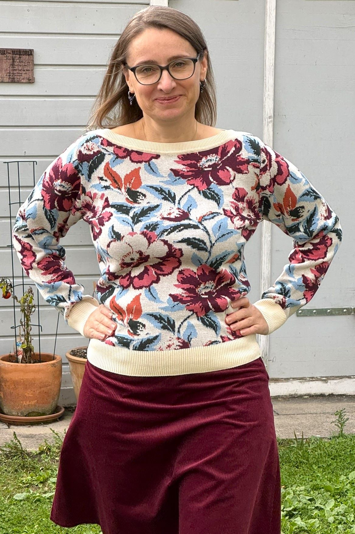 Strickpulli Romantic, Ivory - Pulli Blumenmuster in rosa blau weiß